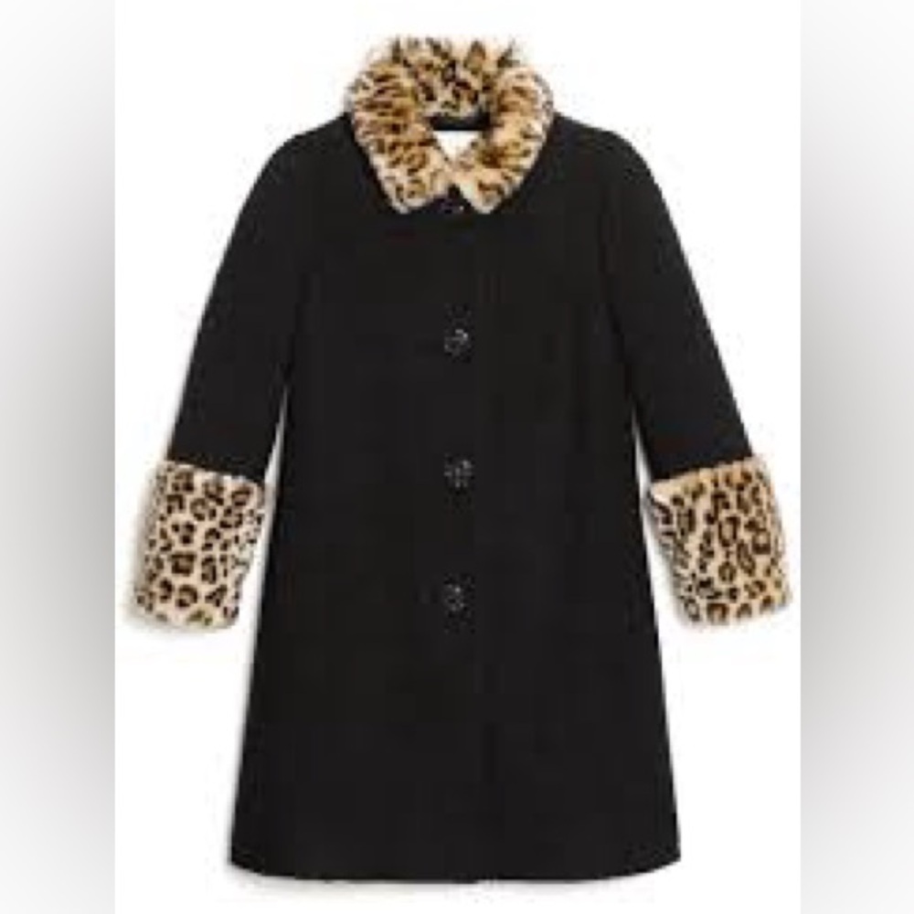 Kate Spade Jewel Button Boucle Coat w/ Faux Fur Leopard collar and cuffs sz 8